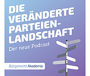 Auf lila Hintergrund steht "die veränderte Parteienlandschaft, der neue Podcast, Bürgerrecht.Akademie". Unten rechts ist ein Wegweiserschild zu sehen.