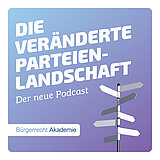 Auf lila Hintergrund steht "die veränderte Parteienlandschaft, der neue Podcast, Bürgerrecht.Akademie". Unten rechts ist ein Wegweiserschild zu sehen.