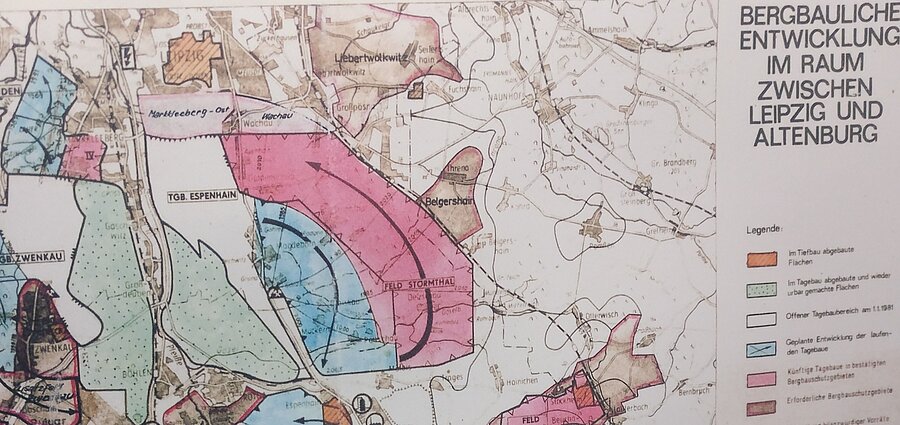 alte Landkarte mit dem Titel: Bergbauliche Entwicklung im Raum zwischen Leipzig und Altenburg